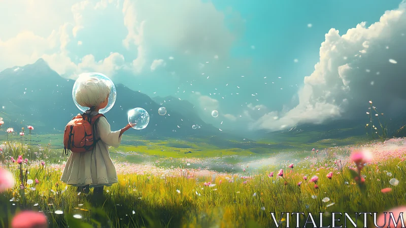 Child explorer walks bubble fields under vast sky.