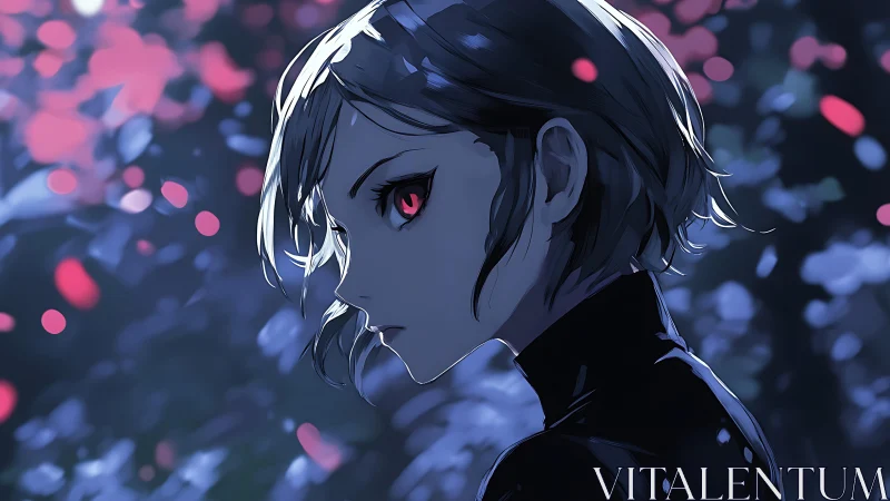Side profile shows red eyed anime girl in dark forest
