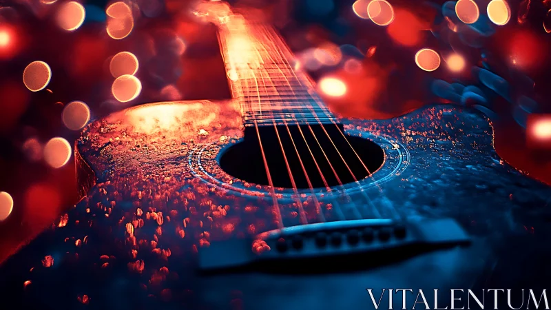 Electric bokeh over wet acoustic guitar in neon concert glow.