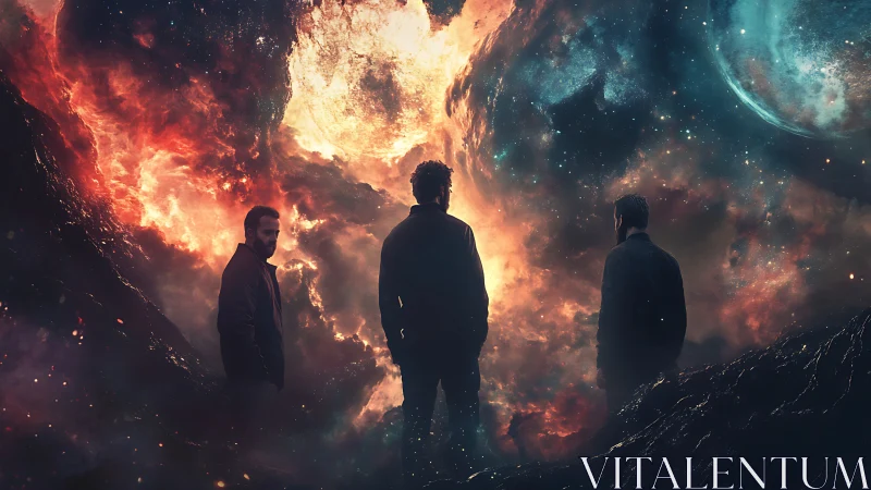 Triadic silhouettes before eruptive nebular starfield gateway.