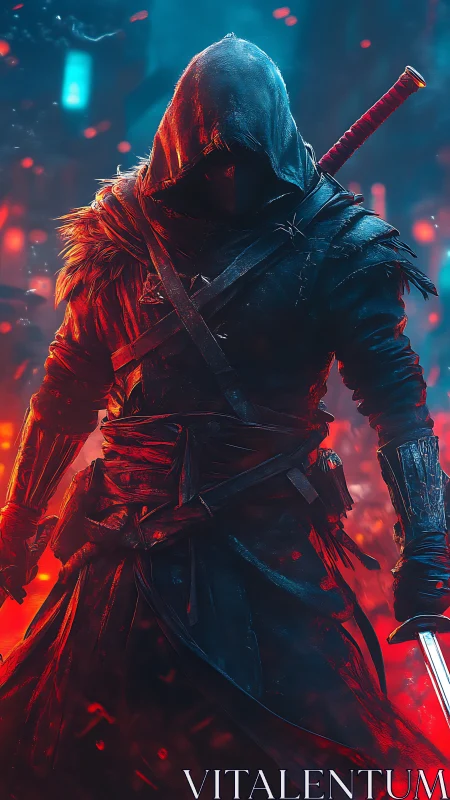 Hooded cyber rogue stepping through fire and neon dusk.