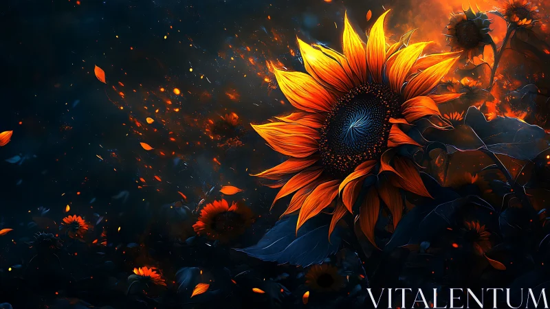 Glowing sunflower under midnight sky with fiery orange light.
