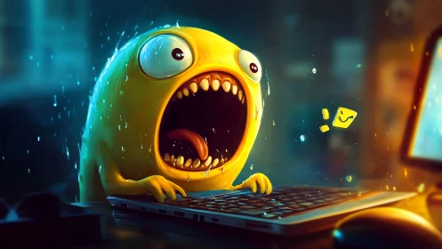Yellow stress-goblin howls at a glitching midnight keyboard