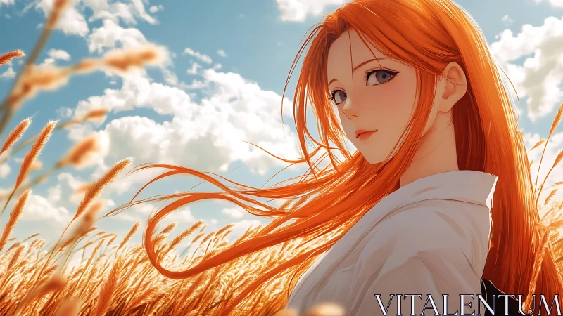 Redheaded anime girl in wheat field under bright sky.