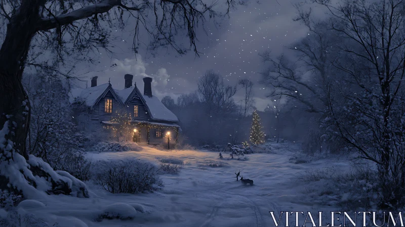 Snowy cottage glows softly in a peaceful winter forest night