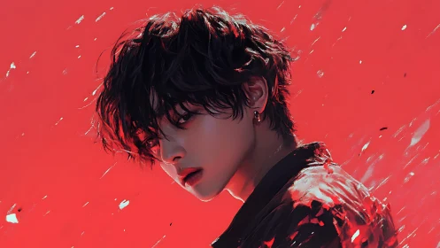 Crimson storm wraps a brooding boy in painterly embers