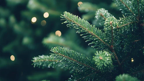 Gentle evergreen branches glowing with quiet holiday light.