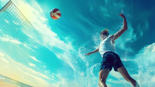 Sunlit beach volleyball leap in a splash of summer energy.
