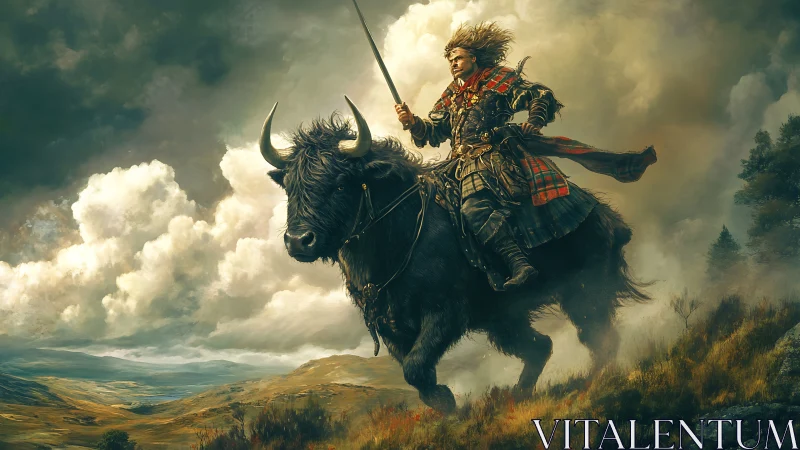 Highland warrior rides a mighty yak through storm clouds.