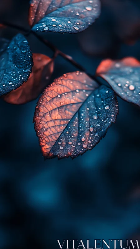 Macro leaf study with bicolor dew-lit surface.