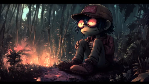 Forest child watches distant fire with glowing haunted eyes.
