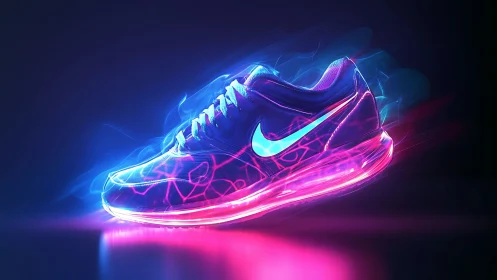 Neon running shoe glows with electric pink and blue energy