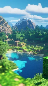 Voxel landscape with lake, forest valley and distant mountains.