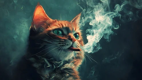 Anthropomorphic ginger cat exhales swirling smoke in teal haze