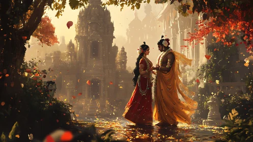 Couple in ornate garments stands before sunlit temple courtyard