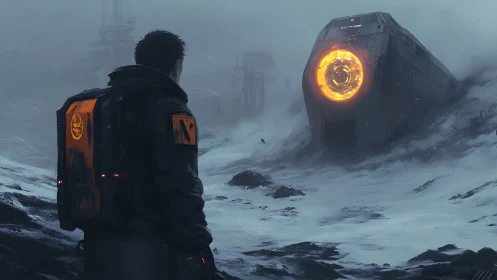 Explorer observes crashed glowing pod in frozen wasteland.