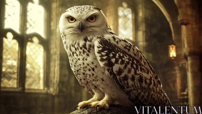 Majestic Snowy Owl in Enchanted Castle Interior, Fantasy Art Style.
