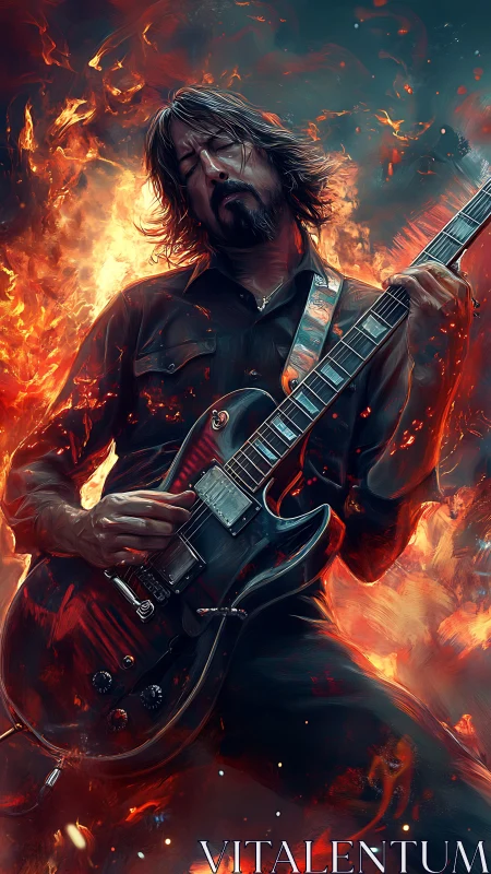 Electric guitarist in dark clothing amid stylized flames.