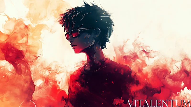 Cool teen in red smoke, standing calm in swirling color.
