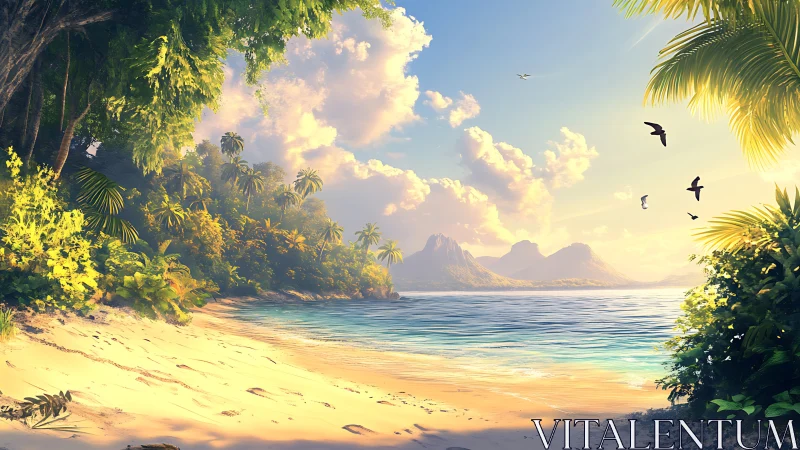 Tropical Paradise Shoreline with Volcanic Peaks Dawn.