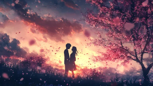 Twilight cherry blossoms cradle two silhouetted lovers softly.