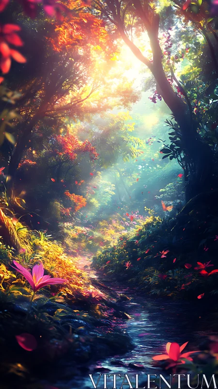 Sunlit enchanted forest path beside a sparkling stream.