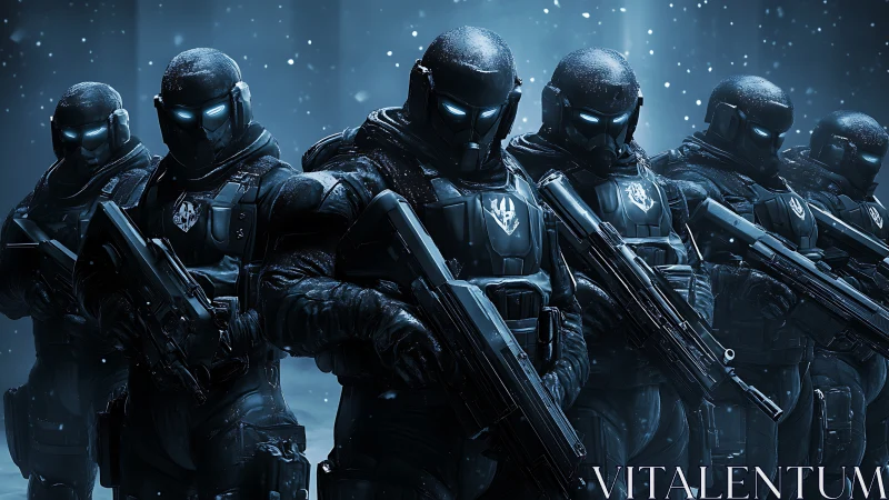 Armored cybernetic strike team advances through frozen combat zone