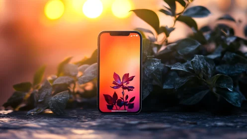 Gradient Bloom Mobile Display: Sunset Botanical Interface Composition.