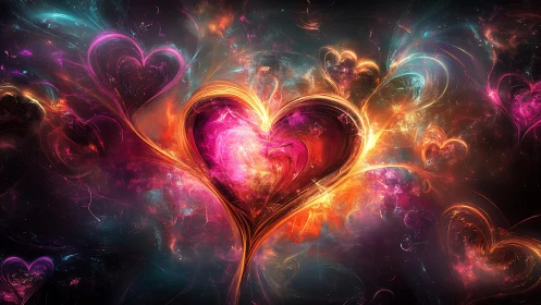Neon Heart Forms: Digital Rendering with Layered Light Effects.