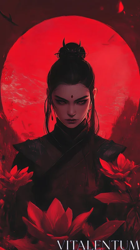 Moon-drenched lotus warlock rises through scarlet silence