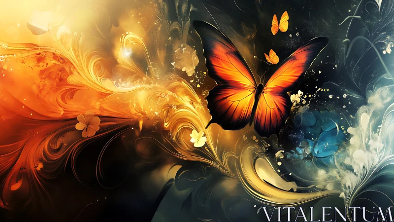 Butterflies within abstract swirling light and color fields.