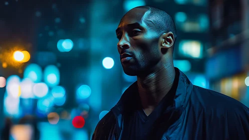 Nocturnal portrait with neon bokeh and cinematic contrast.