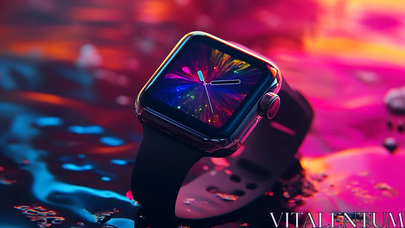 Neon tide smartwatch casting chromatic starlight over time.