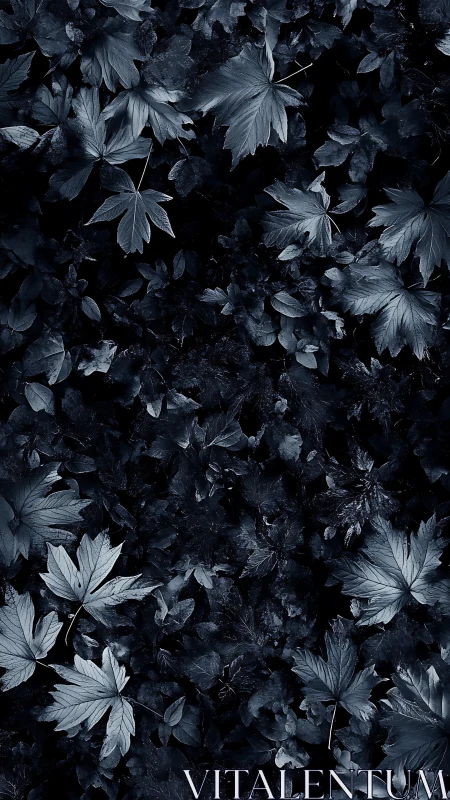 Moonlit forest leaves in quiet midnight blue hush.