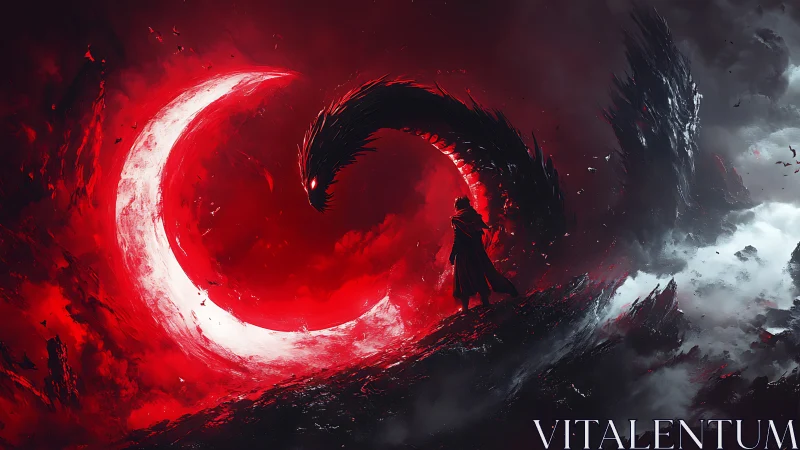 Cloaked figure facing serpentine form beside red crescent.