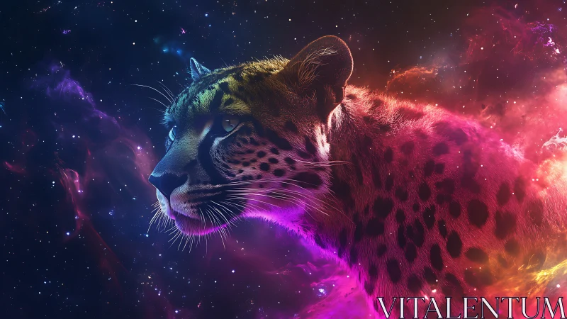 Digital leopard rendered with neon light effects and cosmic background