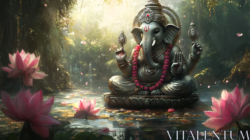 Ganesha statue seated in forest pond with pink lotus flowers.