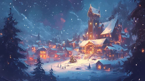 Snowy alpine village glows with festive winter lights at night.