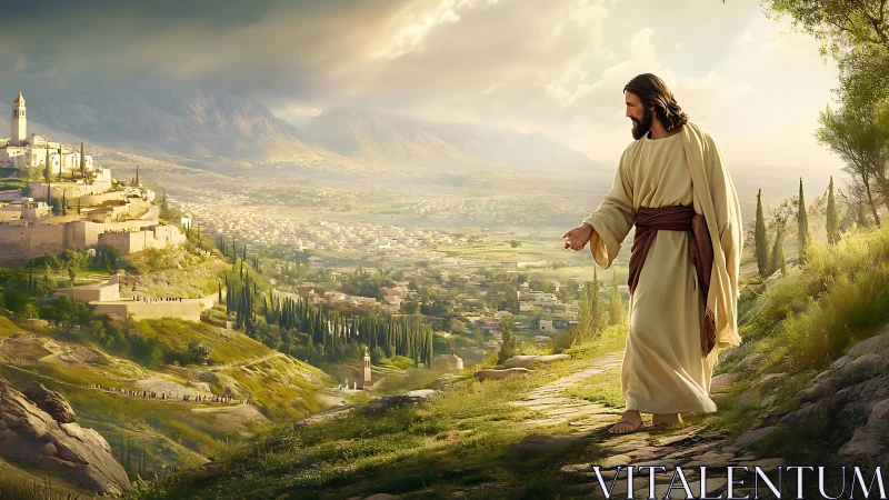 Figure in robe walking hillside path above ancient city.