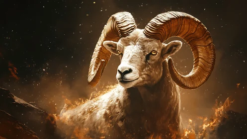 Majestic ram emerges from swirling fire and embers
