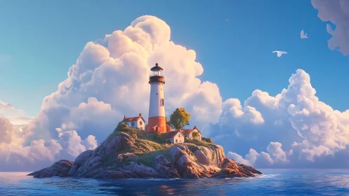 Lighthouse on rocky island with cumulus clouds.