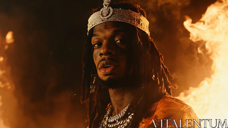 Portrait of man in jeweled crown amid orange flames background.