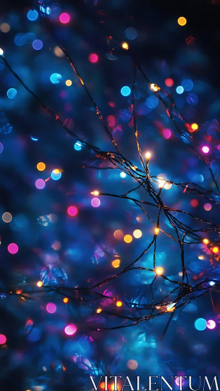 Neon fairy lights shimmer across a dreamy blue bokeh field.