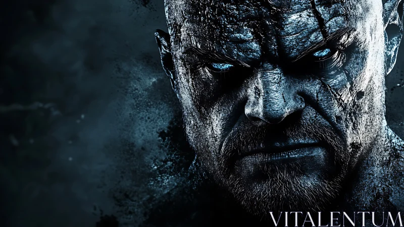 Cyber-noir portrait renders cracked warrior with glacial gaze