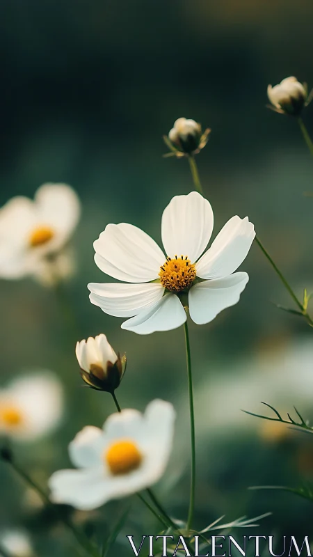 White Cosmos Flower with Golden Center: Shallow Depth Field Botanical Study