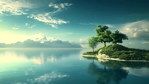 Solitary Tree on Grassy Promontory with Distant Mountain Lake