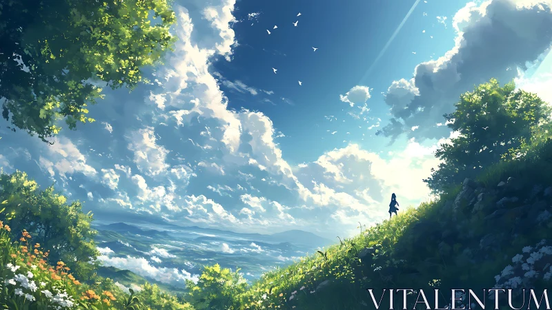 Girl on hillside under expansive cloud filled sky. Period.