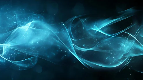 Abstract blue light waves with sparkling particles in dark digital style.