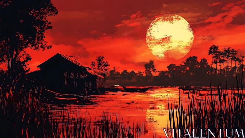 Red swamp sunset with silhouetted hut and glowing moon.