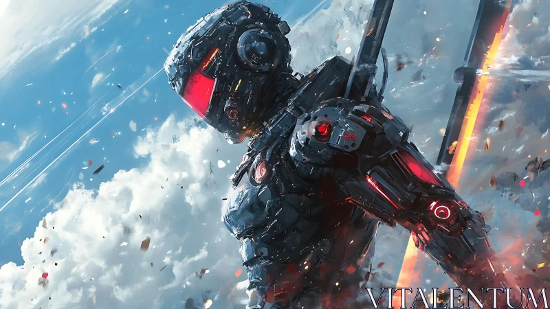 Armored humanoid mech stands against clouded sky environment